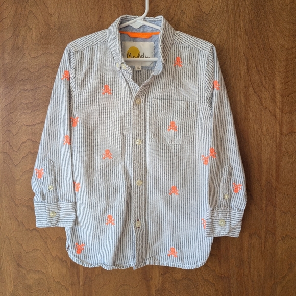 Mini Boden Other - ☠️ Mini Boden Pinstriped Shirt with Embroidered Orange Skull Accents 5-6y